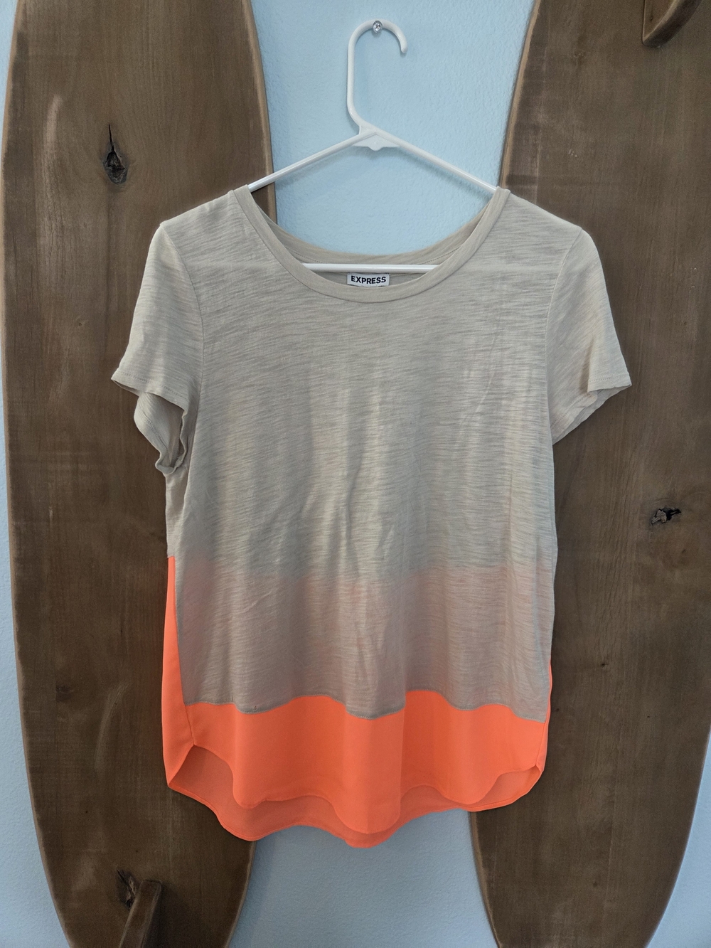 Express Beige Tee with Bright Orange Hem